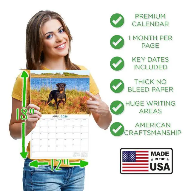 Alt view image 4 of 7 - Rottweiler Calendar 2026 2027 14 Month Wall Calendar | Dog Lover Gift, Thick 100# No-Bleed Paper, Large Writing Blocks, Made in USA, Guardian Dog Decor, Teacher Gift