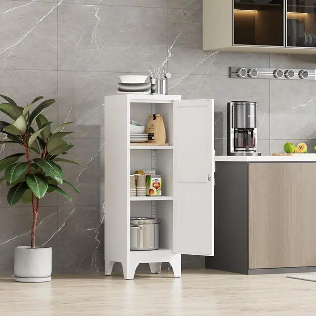 Alt view image 2 of 7 - 46"H White Metal Locker Set of 2,Small Locking Cabinet with 1 Door and 2 Adjustable Shelves For Employees,3 Tier Small Storage Cabinet with Detachable Legs for Kitchen, Office,School,Gym,Easy Assembly