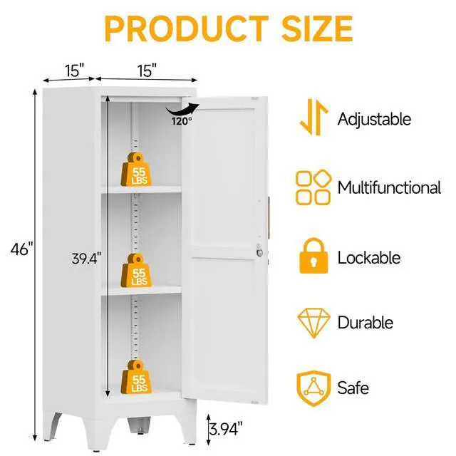 Alt view image 3 of 7 - 46"H White Metal Locker Set of 2,Small Locking Cabinet with 1 Door and 2 Adjustable Shelves For Employees,3 Tier Small Storage Cabinet with Detachable Legs for Kitchen, Office,School,Gym,Easy Assembly