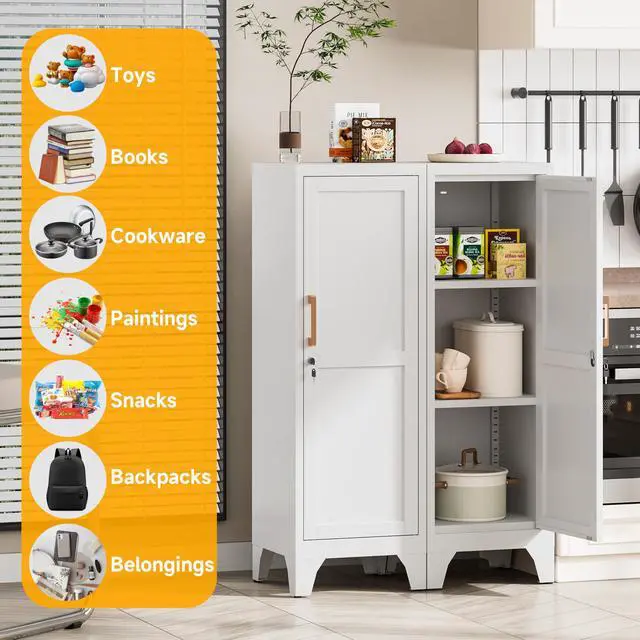 Alt view image 6 of 7 - 46"H White Metal Locker Set of 2,Small Locking Cabinet with 1 Door and 2 Adjustable Shelves For Employees,3 Tier Small Storage Cabinet with Detachable Legs for Kitchen, Office,School,Gym,Easy Assembly