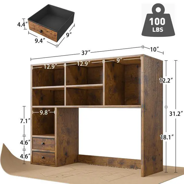 Alt view image 2 of 6 - Desktop Bookshelf, 7 Shelves and 2 Drawers, Adjustable, Rustic Brown | Small Space Organizers, Anti-Tip for Secure Stability