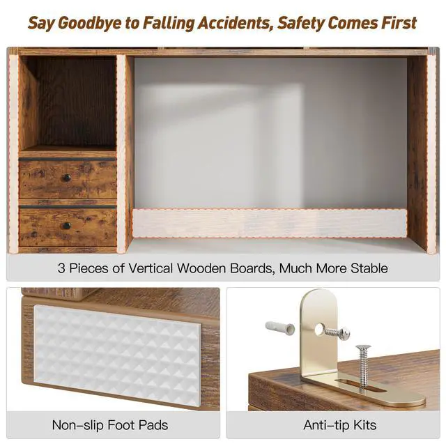 Alt view image 3 of 6 - Desktop Bookshelf, 7 Shelves and 2 Drawers, Adjustable, Rustic Brown | Small Space Organizers, Anti-Tip for Secure Stability