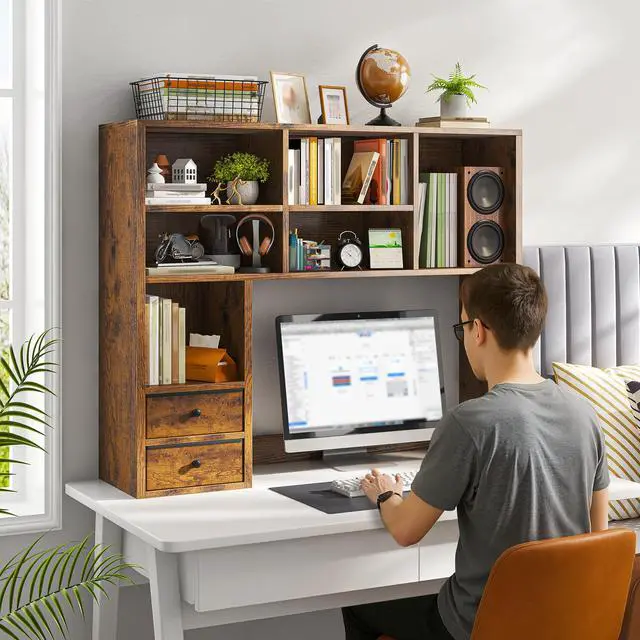 Alt view image 4 of 6 - Desktop Bookshelf, 7 Shelves and 2 Drawers, Adjustable, Rustic Brown | Small Space Organizers, Anti-Tip for Secure Stability