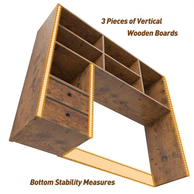 Alt view image 6 of 6 - Desktop Bookshelf, 7 Shelves and 2 Drawers, Adjustable, Rustic Brown | Small Space Organizers, Anti-Tip for Secure Stability