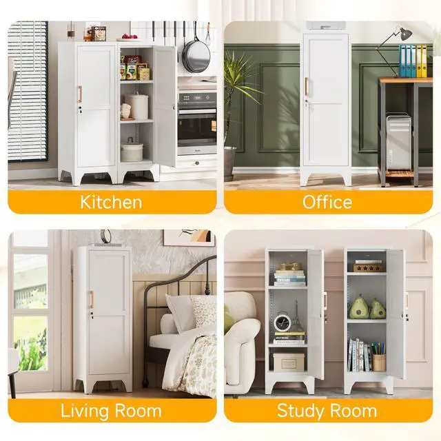 Alt view image 7 of 7 - 46"H White Metal Locker Set of 2,Small Locking Cabinet with 1 Door and 2 Adjustable Shelves For Employees,3 Tier Small Storage Cabinet with Detachable Legs for Kitchen, Office,School,Gym,Easy Assembly