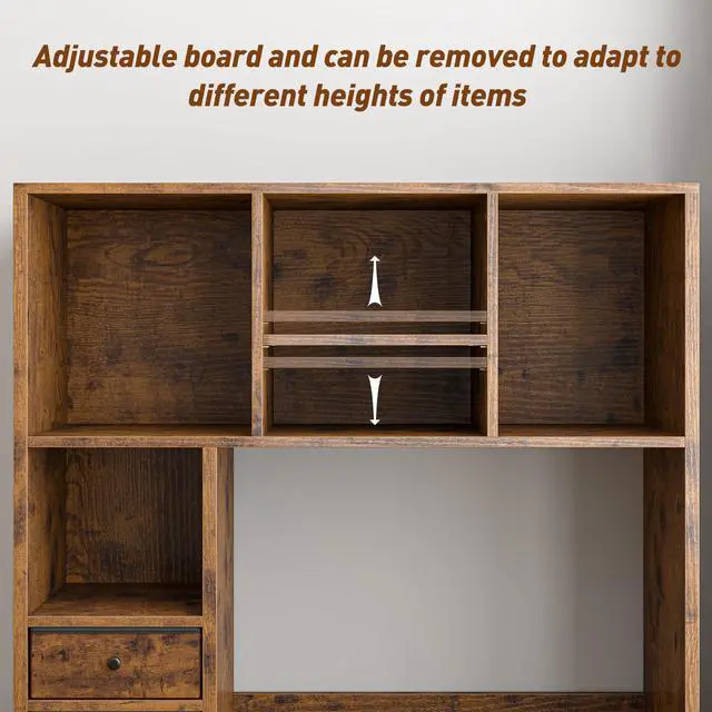 Alt view image 5 of 6 - Desktop Bookshelf, 7 Shelves and 2 Drawers, Adjustable, Rustic Brown | Small Space Organizers, Anti-Tip for Secure Stability