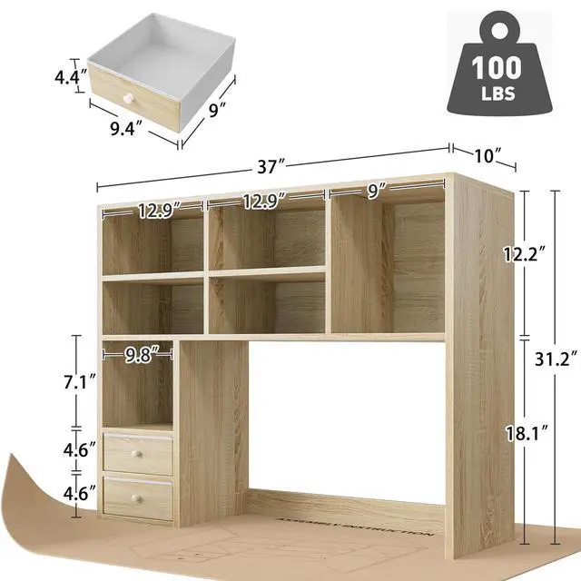 Alt view image 2 of 7 - Desk Hutch, 7 Shelves and 2 Drawers, Adjustable Shelf, Natural | Small Space Organizers, Anti-Tip for Secure Stability