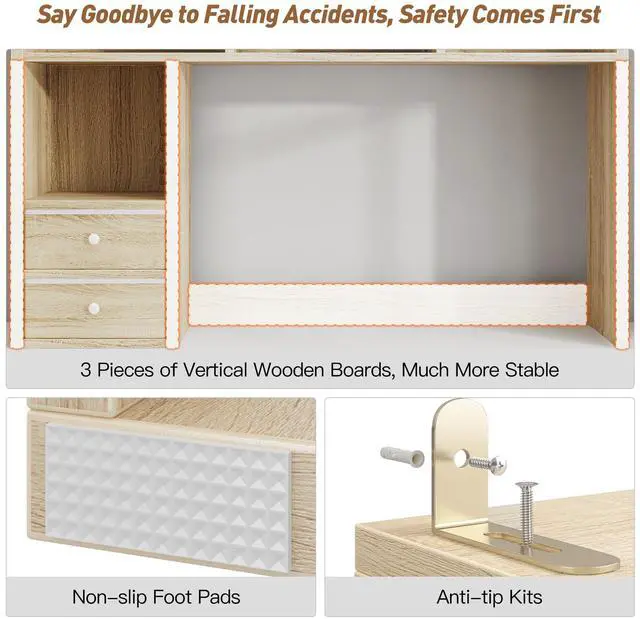 Alt view image 3 of 7 - Desk Hutch, 7 Shelves and 2 Drawers, Adjustable Shelf, Natural | Small Space Organizers, Anti-Tip for Secure Stability
