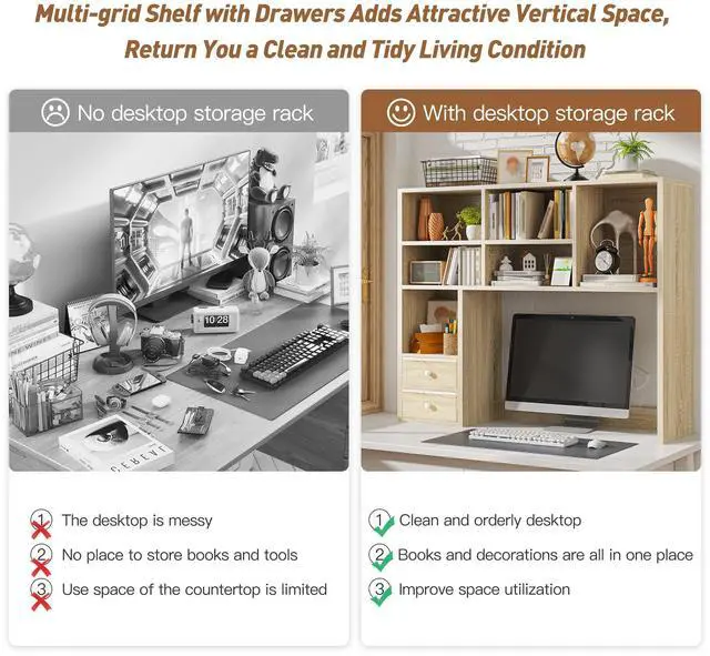 Alt view image 4 of 7 - Desk Hutch, 7 Shelves and 2 Drawers, Adjustable Shelf, Natural | Small Space Organizers, Anti-Tip for Secure Stability