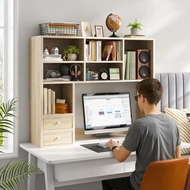 Alt view image 5 of 7 - Desk Hutch, 7 Shelves and 2 Drawers, Adjustable Shelf, Natural | Small Space Organizers, Anti-Tip for Secure Stability