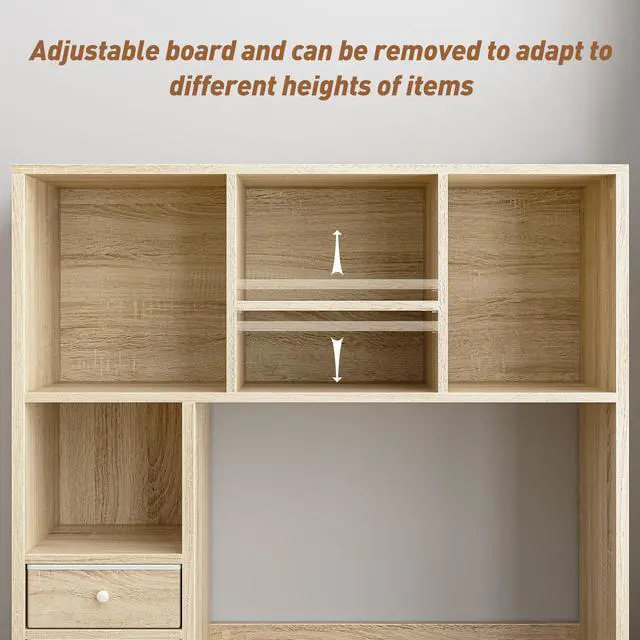 Alt view image 6 of 7 - Desk Hutch, 7 Shelves and 2 Drawers, Adjustable Shelf, Natural | Small Space Organizers, Anti-Tip for Secure Stability