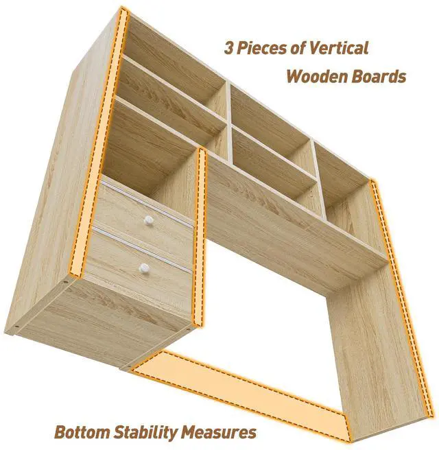Alt view image 7 of 7 - Desk Hutch, 7 Shelves and 2 Drawers, Adjustable Shelf, Natural | Small Space Organizers, Anti-Tip for Secure Stability
