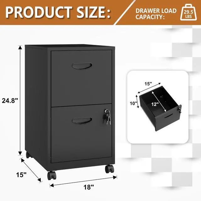 Alt view image 3 of 7 - 2 Drawer Rolling File Cabinet with Lock for Home Office | Metal Mobile Filing Cabinet on Wheels, Small Under Desk Storage, Fits Hanging Letter Size, Printer Stand, Black