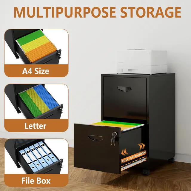 Alt view image 4 of 7 - 2 Drawer Rolling File Cabinet with Lock for Home Office | Metal Mobile Filing Cabinet on Wheels, Small Under Desk Storage, Fits Hanging Letter Size, Printer Stand, Black