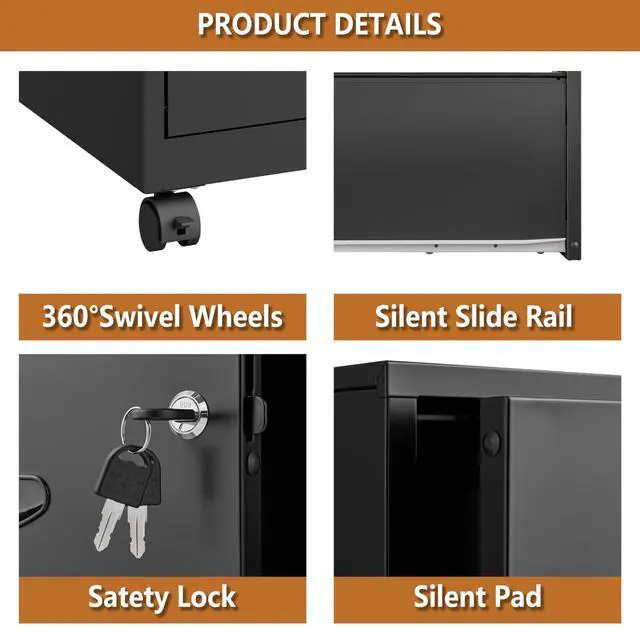 Alt view image 5 of 7 - 2 Drawer Rolling File Cabinet with Lock for Home Office | Metal Mobile Filing Cabinet on Wheels, Small Under Desk Storage, Fits Hanging Letter Size, Printer Stand, Black