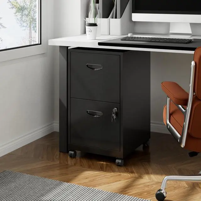 Alt view image 2 of 7 - 2 Drawer Rolling File Cabinet with Lock for Home Office | Metal Mobile Filing Cabinet on Wheels, Small Under Desk Storage, Fits Hanging Letter Size, Printer Stand, Black