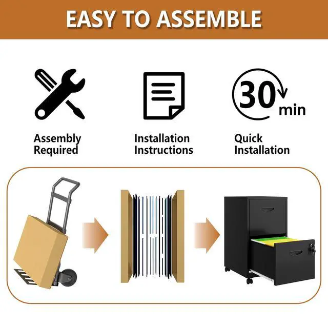 Alt view image 7 of 7 - 2 Drawer Rolling File Cabinet with Lock for Home Office | Metal Mobile Filing Cabinet on Wheels, Small Under Desk Storage, Fits Hanging Letter Size, Printer Stand, Black