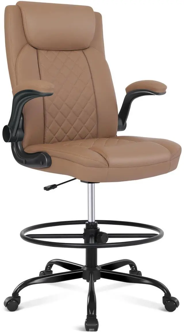 Main image of Drafting Chair, Tall Office Chair for Standing Desk, Standing Chair with Adjustable Height and Flip-up Armrest, Leather Drafting Chair, High Office Chair for Counter Height Desk