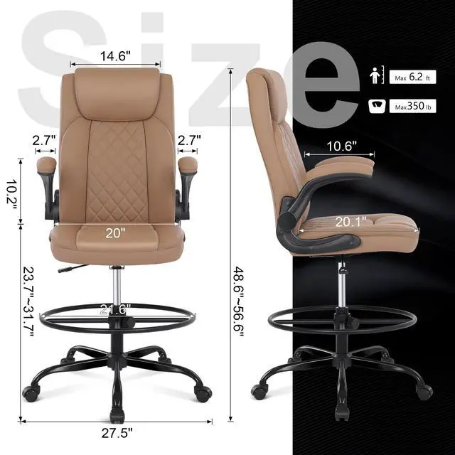 Alt view image 3 of 6 - Drafting Chair, Tall Office Chair for Standing Desk, Standing Chair with Adjustable Height and Flip-up Armrest, Leather Drafting Chair, High Office Chair for Counter Height Desk