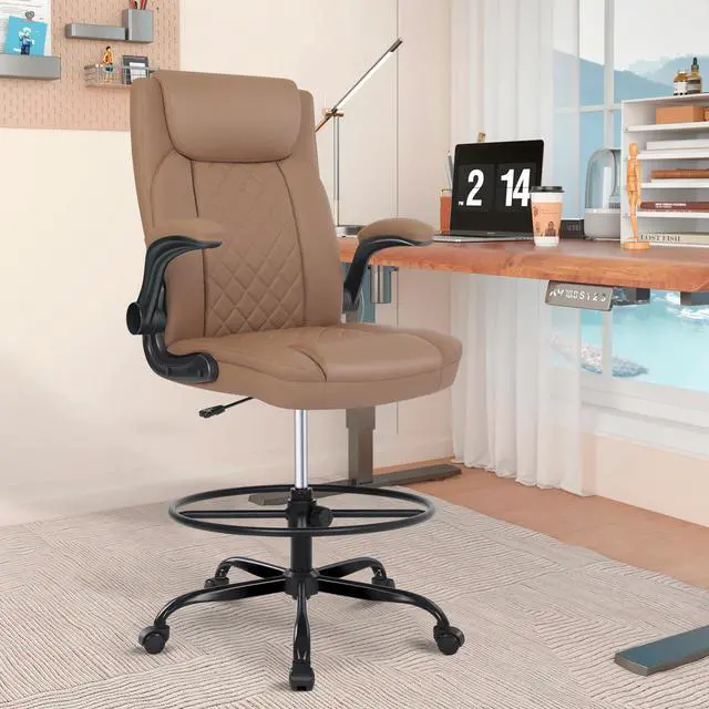 Alt view image 2 of 6 - Drafting Chair, Tall Office Chair for Standing Desk, Standing Chair with Adjustable Height and Flip-up Armrest, Leather Drafting Chair, High Office Chair for Counter Height Desk