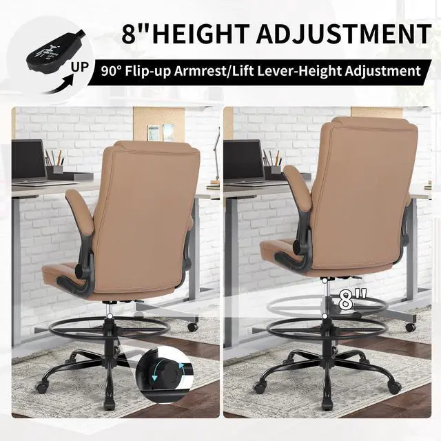 Alt view image 6 of 6 - Drafting Chair, Tall Office Chair for Standing Desk, Standing Chair with Adjustable Height and Flip-up Armrest, Leather Drafting Chair, High Office Chair for Counter Height Desk