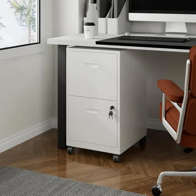 Alt view image 2 of 7 - 2 Drawer Rolling File Cabinet with Lock for Home Office | Metal Mobile Filing Cabinet on Wheels, Small Under Desk Storage, Fits Hanging Letter Size, Printer Stand, White