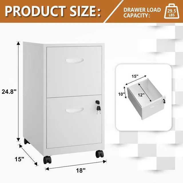 Alt view image 3 of 7 - 2 Drawer Rolling File Cabinet with Lock for Home Office | Metal Mobile Filing Cabinet on Wheels, Small Under Desk Storage, Fits Hanging Letter Size, Printer Stand, White