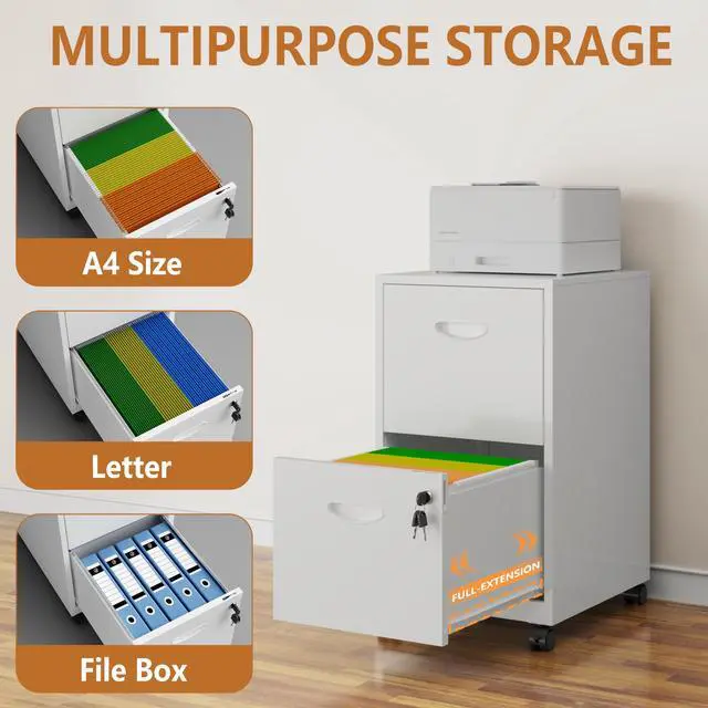 Alt view image 4 of 7 - 2 Drawer Rolling File Cabinet with Lock for Home Office | Metal Mobile Filing Cabinet on Wheels, Small Under Desk Storage, Fits Hanging Letter Size, Printer Stand, White