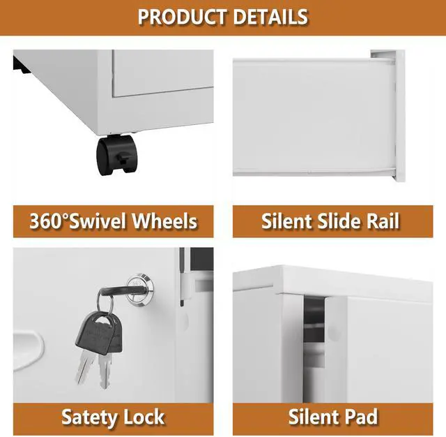 Alt view image 5 of 7 - 2 Drawer Rolling File Cabinet with Lock for Home Office | Metal Mobile Filing Cabinet on Wheels, Small Under Desk Storage, Fits Hanging Letter Size, Printer Stand, White