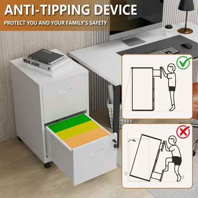 Alt view image 6 of 7 - 2 Drawer Rolling File Cabinet with Lock for Home Office | Metal Mobile Filing Cabinet on Wheels, Small Under Desk Storage, Fits Hanging Letter Size, Printer Stand, White