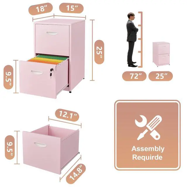 Alt view image 3 of 7 - 2 Drawer File Cabinet with Lock, Metal Filing Cabinet for Home Office | Small Locking Cabinet for Under Desk Storage, Printer Stand, Fits Letter Size, Pink, 26"H x 15"W x 18"D, Easy Assembly