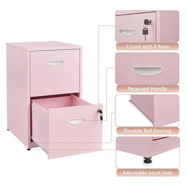Alt view image 5 of 7 - 2 Drawer File Cabinet with Lock, Metal Filing Cabinet for Home Office | Small Locking Cabinet for Under Desk Storage, Printer Stand, Fits Letter Size, Pink, 26"H x 15"W x 18"D, Easy Assembly