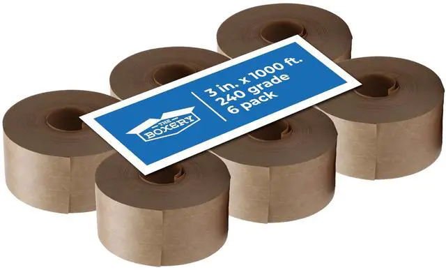 Main image of Water Activated Kraft Fiberglass Reinforced Packing Tape, 3x1000 - 240 Grade- (6 Rolls Included) Gummed Paper for Heavy Duty Packaging and Shipping, Writable, Eco-Friendly