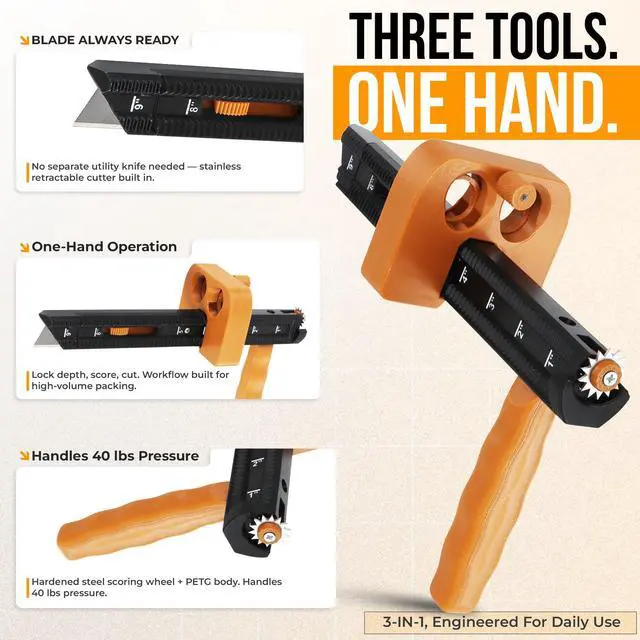 Alt view image 3 of 6 - All-in-1 Box Resizer Tool, Cardboard Cutter & Scoring Wheel 2Pcs | Carton sizer & box maker for packing stations; cuts shipping costs, adjustable depth guide, retractable blade, Made in USA