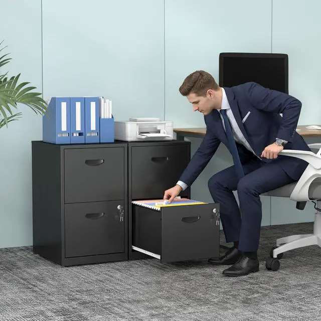 Alt view image 2 of 7 - 2 Drawer File Cabinet with Lock, Metal Filing Cabinet for Home Office | Small Locking Cabinet for Under Desk Storage, Printer Stand, Fits Letter Size, Black, 26"H x 15"W x 18"D, Easy Assembly