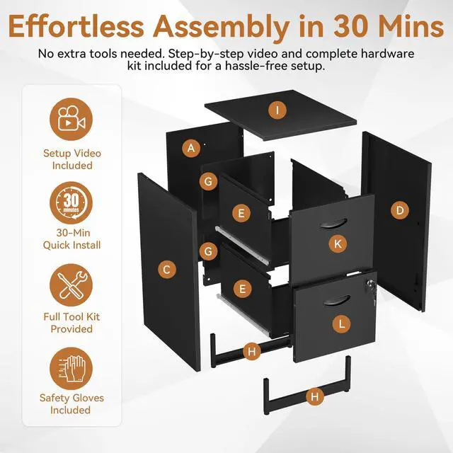 Alt view image 4 of 7 - 2 Drawer File Cabinet with Lock, Metal Filing Cabinet for Home Office | Small Locking Cabinet for Under Desk Storage, Printer Stand, Fits Letter Size, Black, 26"H x 15"W x 18"D, Easy Assembly