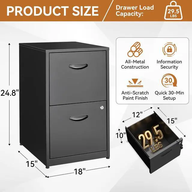 Alt view image 3 of 7 - 2 Drawer File Cabinet with Lock, Metal Filing Cabinet for Home Office | Small Locking Cabinet for Under Desk Storage, Printer Stand, Fits Letter Size, Black, 26"H x 15"W x 18"D, Easy Assembly