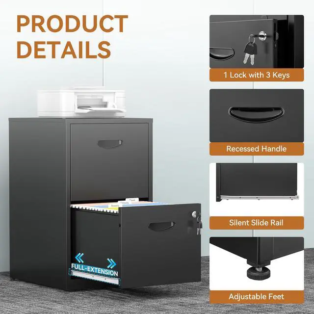 Alt view image 6 of 7 - 2 Drawer File Cabinet with Lock, Metal Filing Cabinet for Home Office | Small Locking Cabinet for Under Desk Storage, Printer Stand, Fits Letter Size, Black, 26"H x 15"W x 18"D, Easy Assembly