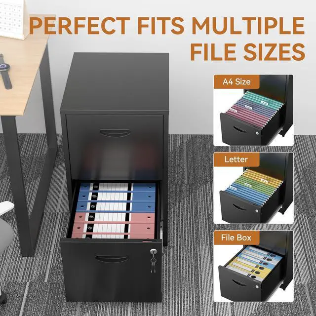 Alt view image 7 of 7 - 2 Drawer File Cabinet with Lock, Metal Filing Cabinet for Home Office | Small Locking Cabinet for Under Desk Storage, Printer Stand, Fits Letter Size, Black, 26"H x 15"W x 18"D, Easy Assembly