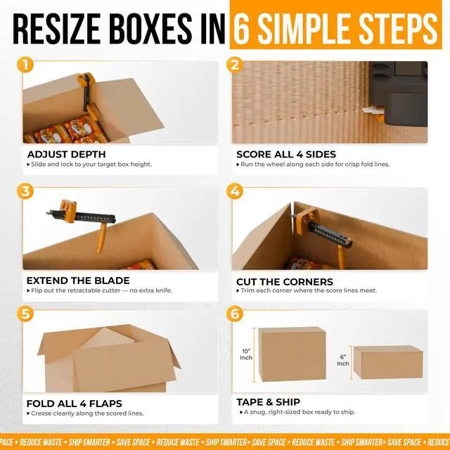 Alt view image 6 of 6 - All-in-1 Box Resizer Tool, Cardboard Cutter & Scoring Wheel 2Pcs | Carton sizer & box maker for packing stations; cuts shipping costs, adjustable depth guide, retractable blade, Made in USA