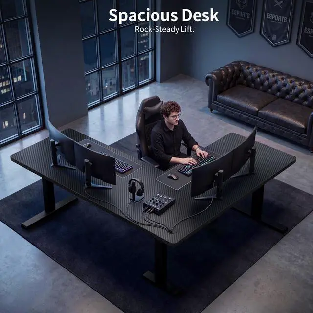 Alt view image 2 of 7 - 75x61 Inches Reversible L Shaped Standing Desk Height Adjustable with Cup Holder, Electric Corner Computer Workstation for Home Office, Ergonomic Sit Stand up Gaming Desk, Black