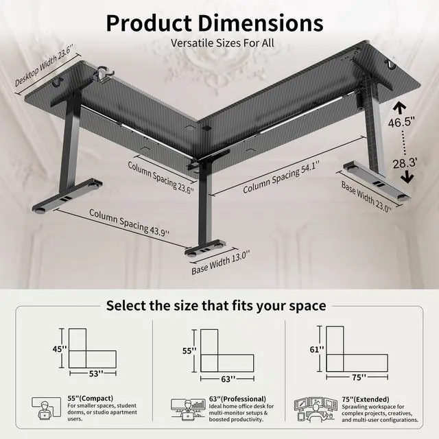 Alt view image 3 of 7 - 75x61 Inches Reversible L Shaped Standing Desk Height Adjustable with Cup Holder, Electric Corner Computer Workstation for Home Office, Ergonomic Sit Stand up Gaming Desk, Black