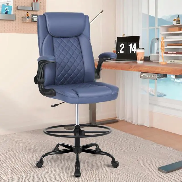 Alt view image 2 of 6 - Drafting Chair with Footrest Ring, Tall Office Chair for Standing Desk, Standing Chair with Adjustable Height and Flip-up Armrest, PU Leather High