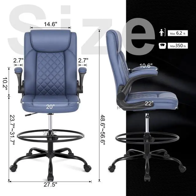 Alt view image 3 of 6 - Drafting Chair with Footrest Ring, Tall Office Chair for Standing Desk, Standing Chair with Adjustable Height and Flip-up Armrest, PU Leather High