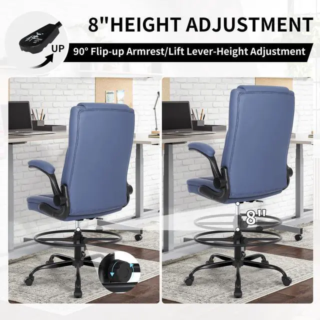 Alt view image 6 of 6 - Drafting Chair with Footrest Ring, Tall Office Chair for Standing Desk, Standing Chair with Adjustable Height and Flip-up Armrest, PU Leather High