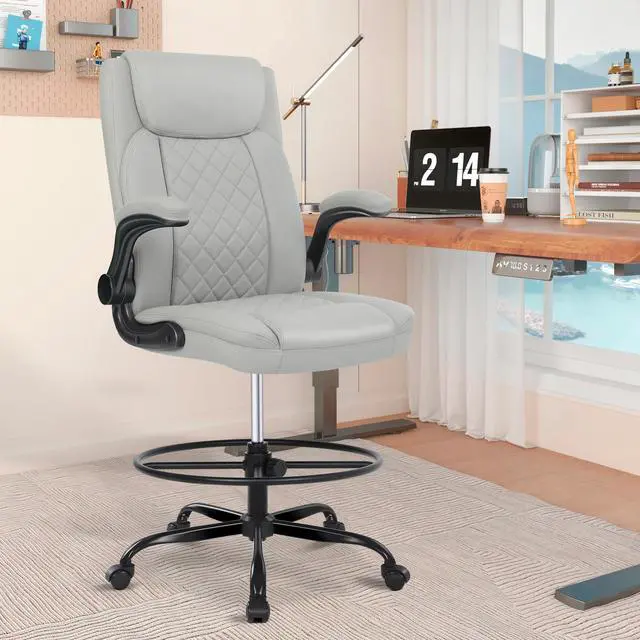 Alt view image 2 of 6 - Drafting Chair, Tall Office Chair for Standing Desk, Standing Chair with Adjustable Height and Flip-up Armrest, Leather Drafting Chair, High Office Chair for Counter Height Desk