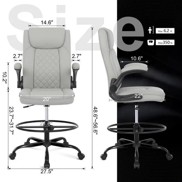 Alt view image 3 of 6 - Drafting Chair, Tall Office Chair for Standing Desk, Standing Chair with Adjustable Height and Flip-up Armrest, Leather Drafting Chair, High Office Chair for Counter Height Desk