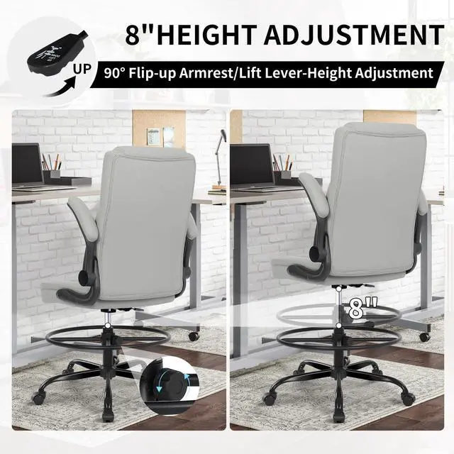 Alt view image 5 of 6 - Drafting Chair, Tall Office Chair for Standing Desk, Standing Chair with Adjustable Height and Flip-up Armrest, Leather Drafting Chair, High Office Chair for Counter Height Desk