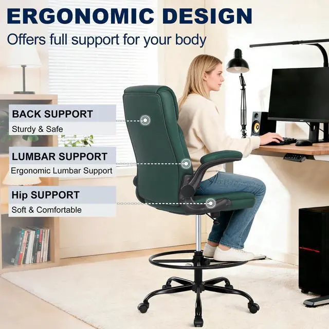 Alt view image 4 of 5 - Drafting Chair, Tall Office Chair for Standing Desk, PU Leather Counter Computer Chairs with Adjustable Height, Rocking Function, 360° Swivel Wheels for Bar Office