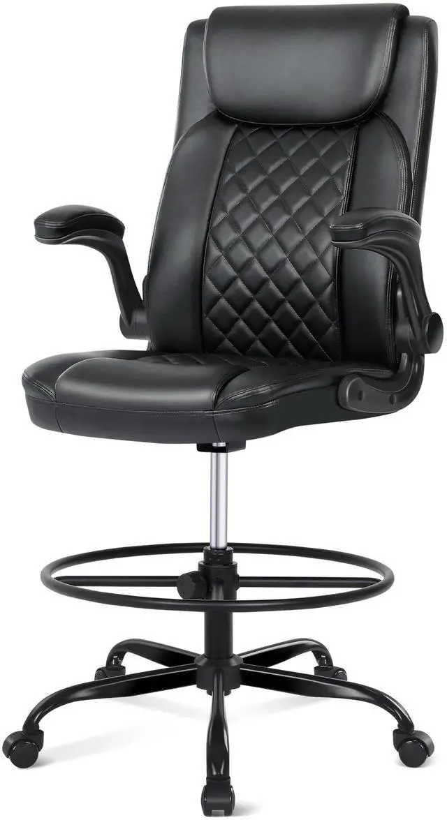 Main image of Drafting Chair with Footrest Ring, Tall Office Chair for Standing Desk, PU Faux Leather Bar Counter Height Chairs with Adjustable Height, 360° Swivel Wheels for Garage Office, Black
